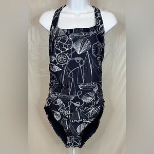 Nautica One Piece Swimsuit XL Navy Nautical Sailboat Print Crisscross Back NWOT